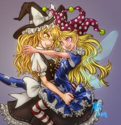  2girls american_flag_dress american_flag_legwear black_skirt black_vest blonde_hair buttons clownpiece commentary double-breasted dress fairy_wings grin hat hat_ribbon hug jester_cap kirisame_marisa long_hair madkoifish multiple_girls neck_ruff pantyhose petticoat pink_eyes pointy_ears polka_dot puffy_short_sleeves puffy_sleeves ribbon sharp_teeth short_dress short_sleeves skirt smile striped_clothes striped_pantyhose teeth touhou very_long_hair vest wavy_hair wings witch_hat yellow_eyes 