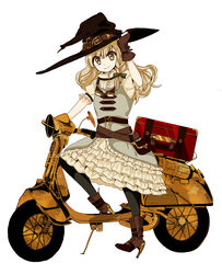  belt black_pantyhose boots commentary_request cross-laced_footwear dress female fingerless_gloves fujino_ichi gloves goggles hat high_heel_boots high_heels highres kirisame_marisa motor_vehicle pantyhose petticoat puffy_short_sleeves puffy_sleeves scooter short_sleeves solo suitcase touhou white_dress witch_hat 