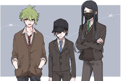  3boys ahoge amami_rantarou black_hair black_hat buttons danganronpa earrings green_eyes green_hair group hat long_hair mask matching_hair/eyes multiple_boys necktie new_danganronpa_v3 pants piercing saihara_shuuichi school_uniform shinguuji_korekiyo shirt sweater sweater_vest tie trio uniform yellow_eyes 