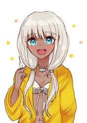  bead_necklace beads blue_eyes blush bra danganronpa dark_skin fc female happy jacket jewelry long_hair necklace new_danganronpa_v3 open_mouth seashell shell silver_hair solo tied_hair twintails yellow_jacket yonaga_angie 