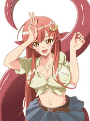  :d belt breasts cleavage commentary_request covered_nipples cowboy_shot female hair_ornament hairclip lamia large_breasts long_hair miia_(monster_musume) monster_girl monster_musume_no_iru_nichijou navel oerba_yun_fang open_mouth pointy_ears red_hair scales shirt simple_background skirt slit_pupils smile solo tied_shirt trf_honeycomb v very_long_hair white_background yellow_eyes 