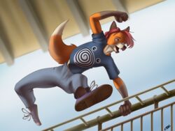  action_pose anthro canid canine clothed clothing converse coszcatl fangs fox generation_1_pokemon male mammal nintendo open_mouth outside parkour pokemon pokemon_(species) poliwhirl pose solo teeth tongue vaulting 