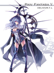  amputee armband bandages blue_hair boots breasts cape cleavage cleavage_cutout clothing_cutout commentary_request dress female gauntlets hat medium_breasts oblivium photoshop_(medium) pixiv_fantasia pixiv_fantasia_5 red_eyes shadow short_dress simple_background skade solo standing tattoo thigh_boots thighhighs weapon zettai_ryouiki 