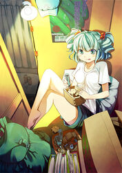  :p aqua_eyes aqua_hair backpack bad_id bad_pixiv_id bag barefoot blue_eyes blue_hair box cardboard_box casual cucumber door female folder gears hair_bobbles hair_ornament hat indoors kawashiro_nitori legs light_bulb photoshop_(medium) pillow poster_(object) room screwdriver shirt short_hair sitting solo t-shirt tongue tongue_out touhou two_side_up unworn_hat unworn_headwear zanunoneko 