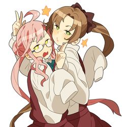  2girls akigumo_(kancolle) bad_id bad_twitter_id brown_hair commentary_request emu_(eomou) glasses green_eyes kantai_collection makigumo_(kancolle) multiple_girls open_mouth pink_hair ponytail puckered_lips sleeves_past_fingers sleeves_past_wrists star_(symbol) sweatdrop v w 