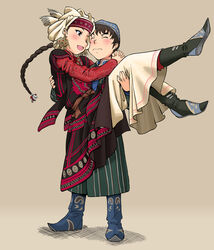  1boy age_difference amira blush boots carrying closed_eyes commentary_request couple female full_body head_scarf husband_and_wife karluk otoyomegatari princess_carry sage_tory simple_background standing straight striped vertical_stripes 