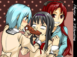  3girls akemi_homura black_hair blue_eyes blue_hair blush casual chocolate commentary_request feeding force-feeding grin hairband happy_valentine holding_another&#039;s_wrist hood hoodie long_hair mahou_shoujo_madoka_magica mahou_shoujo_madoka_magica_(anime) md5_mismatch miki_sayaka mitakihara_school_uniform multiple_girls no_pupils nonone_(the9thxsheep) red_eyes red_hair resolution_mismatch sakura_kyoko school_uniform short_hair smile source_smaller valentine 