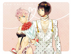  1boy bad_id bad_pixiv_id black_hair blue_eyes bob_cut bouquet bruno_bucciarati female flower hair_ornament heart ioko jojo_no_kimyou_na_bouken midriff pectoral_cleavage pectorals pink_hair red_flower red_rose rose short_hair trish_una vento_aureo 