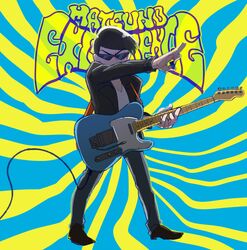  1boy album_cover_redraw backlighting bad_id bad_pixiv_id black_hair character_name denim derivative_work electric_guitar english_text fender_telecaster guitar instrument jacket jeans jimi_hendrix leather leather_jacket male_focus matsuno_karamatsu osomatsu-kun osomatsu-san osomatsu_(series) pants plectrum pose solo sunburst sunglasses v-neck whammy_bar yorude_guutarou 