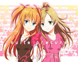  2girls aihara_kaya bad_id bad_pixiv_id blue_eyes brown_hair commentary_request copyright_name eyelashes green_eyes hair_ribbon houjou_hibiki long_hair minamino_kanade multiple_girls precure ribbon smile star_(symbol) starry_background suite_precure two_side_up 