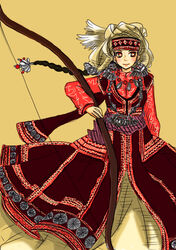  amira arm_at_side bad_id bad_pixiv_id blush bow_(weapon) braid closed_mouth cluster1523 dress earrings eyelashes female head_scarf holding holding_bow_(weapon) holding_weapon jewelry kazakh_clothes kazakhstan long_dress long_sleeves necklace otoyomegatari simple_background smile solo weapon wind 