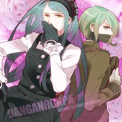  1boy bandage chains crossdressing danganronpa dress duo female gloves green_eyes green_hair headdress japanese_clothes long_hair long_sleeves maid maid_headdress mask matching_hair/eyes new_danganronpa_v3 nogaki_suzume shinguuji_korekiyo toujou_kirumi uniform yellow_eyes 