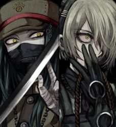  1boy bandage black_hair danganronpa duo female gloves green_eyes grey_hair hat headdress japanese_clothes long_hair long_sleeves maid maid_headdress mask new_danganronpa_v3 rope shinguuji_korekiyo short_hair sword toujou_kirumi uniform weapon xino yellow_eyes 