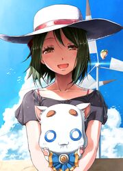  ai_(aria) aria aria_pokoteng banned_artist brown_eyes cloud day feline green_hair hat nigiriushi short_hair sky smile windmill 