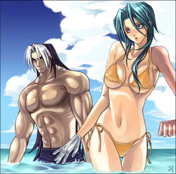  1boy abs bikini black_hair blue_eyes blue_hair blush brad_evans female frown heterochromia kanon_(wild_arms_2) long_hair lowres mole multicolored_hair muscular purple_eyes short_hair shorts side-tie_bikini_bottom sidelocks sweat swimsuit unadare_chop water white_hair wild_arms wild_arms_2 