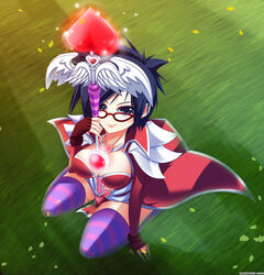  arm_support between_breasts black_hair blue_eyes breasts cape commentary_request female fingerless_gloves from_above glasses gloves grass heart heartseeker_vayne highres kneeling large_breasts league_of_legends popped_collar rokugatsu_no_usagi short_hair solo striped_clothes striped_thighhighs thighhighs valentine vayne_(league_of_legends) 