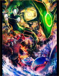  beam breath_weapon breathing_lightning claws cloud dragon eruption fire groudon kantarou_(8kan) kyogre monster mountain no_humans open_mouth photoshop_(medium) pillarboxed pokemon pokemon_(creature) rayquaza sharp_teeth splashing sun teeth volcano water yellow_eyes 