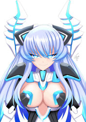  &gt;:) absurdres bad_id bad_pixiv_id blue_eyes breasts cleavage commentary cundodeviant evil_smile female glowing glowing_eyes halterneck highres horns kami_jigen_game_neptune_v kiseijou_rei kiseijou_rei_(goddess_form) large_breasts long_hair looking_at_viewer neon_trim neptune_(series) sidelocks signature simple_background smile solo symbol-shaped_pupils upper_body v-shaped_eyebrows white_background 