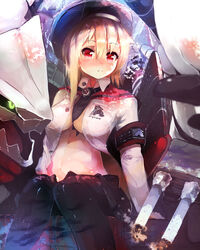  :c absurdres arm_support belt between_breasts black_pants blonde_hair blush breasts buttons cannon cleavage commentary_request daikoku_osamu female hat highres hms_thunderer_(siirakannu) kantai_collection knees_together_feet_apart large_breasts looking_at_viewer machinery midriff navel necktie necktie_between_breasts open_belt open_clothes open_shirt original pants red_eyes sailor_collar shirt short_hair sitting smoke solo turret unzipped white_shirt 