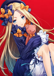  abigail_williams_(fate) black_bow black_dress black_hat blonde_hair bloomers blue_eyes blue_ribbon blush bow bug butterfly closed_mouth commentary dress fate/grand_order fate_(series) female hairbow hat hugging_object long_hair long_sleeves looking_at_viewer orange_bow parted_bangs photoshop_(medium) polka_dot polka_dot_bow red_background ribbon simple_background sleeves_past_fingers sleeves_past_wrists solo stuffed_animal stuffed_toy teddy_bear tsurime twitter_username underwear very_long_hair white_bloomers yuuhi_mika 