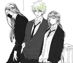  2boys ahoge amami_rantarou chabashira_tenko danganronpa female green_eyes green_hair group long_hair mask matching_hair/eyes mole multiple_boys necktie new_danganronpa_v3 open_mouth school_uniform shinguuji_korekiyo shirt short_hair tie tied_hair trio twintails uniform 