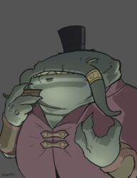  2015 3_fingers anthro catfish claws clothed clothing colored digital_media_(artwork) empty_eyes fingers fish front_view green_body green_claws green_scales grey_background grin half-length_portrait hat headgear headwear jewelry league_of_legends male mamusho marine obese obese_anthro obese_male overweight overweight_anthro overweight_male portrait red_clothing ring riot_games scales shaded shirt signature simple_background smile solo tahm_kench_(lol) tencent top_hat topwear yellow_eyes 