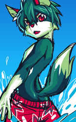  2014 5:8 anthro beach biped bottomwear canid canine canis clothed clothing cloud domestic_dog fur green_body green_fur hair male mammal mayobug open_mouth outside pants pose red_eyes seaside sky slim solo standing swimwear young young_male 