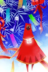  bad_id bad_pixiv_id cloak commentary_request dress hood hooded_cloak journey looking_at_viewer no_humans raven_(ambrosia) red_dress scarf solo standing traveler_(journey) veil white_eyes 