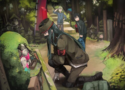  ahoge amami_rantarou aqua_hair arm_behind_head armband backpack backpack_removed bag bandaged_hands bandages banned_artist banner black_hair blazer boots brown_jacket chains closed_eyes danganronpa from_side green_hair hat holding_backpack jacket jewelry jitome knee_pads long_hair long_sleeves looking_at_another looking_down lossless-lossy mask moss multiple_boys necklace new_danganronpa_v3 open_mouth outdoors pants pinstripe_pattern saihara_shuuichi school_uniform shinguuji_korekiyo shirt shoes shrine smile stairs statue striped tetsubuta tree uniform yellow_eyes 