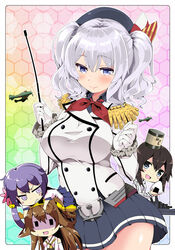  4girls ahoge aircraft airplane akebono_(kancolle) bell black_hair breasts brown_hair commentary_request flower gloves hair_bell hair_flower hair_ornament hairband hayasui_(kancolle) headgear jacket japanese_clothes jingle_bell kantai_collection kashima_(kancolle) kongou_(kancolle) large_breasts long_hair military military_uniform miniskirt multiple_girls nontraditional_miko open_mouth pleated_skirt pointer purple_hair sasago_kaze side_ponytail skirt smile uniform white_hair 