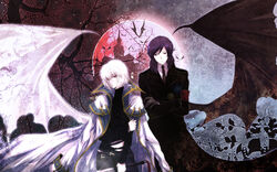  2boys alucard_(castlevania) animal arikado_genya bat_(animal) bat_wings belt bishounen black_belt black_gloves black_jacket black_necktie black_pants black_shirt black_suit black_wings castle castlevania:_aria_of_sorrow castlevania_(series) closed_mouth coat collared_shirt commentary_request crossed_arms formal full_moon glint gloves guutara hair_between_eyes highres holding holding_sword holding_weapon jacket large_wings long_sleeves looking_at_viewer male_focus medium_hair moon multiple_boys navel necktie night night_sky open_clothes open_coat outdoors pants red_eyes ringed_eyes shirt short_hair single_wing sky soma_cruz standing star_(sky) starry_sky suit sword torn_clothes torn_shirt weapon white_coat white_hair white_shirt white_wings wings 