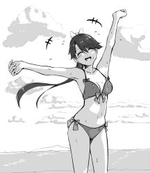  +++ alternate_costume arms_up bikini breasts cloud commentary_request day female front-tie_bikini_top front-tie_top greyscale highres houshou_(kancolle) kantai_collection medium_breasts monochrome open_mouth outdoors ponytail side-tie_bikini_bottom smile solo swimsuit tadokoro_nurikabe wet 