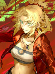  blonde_hair braid breasts clarent_(fate) cutoffs fate/apocrypha fate/grand_order fate_(series) female green_eyes hair_ornament hair_scrunchie half_up_braid highres jacket jewelry looking_at_viewer mordred_(fate) mordred_(memories_at_trifas)_(fate) necklace ponytail red_jacket red_scrunchie scrunchie shorts small_breasts smile solo suzuhi_(fullprayer) 