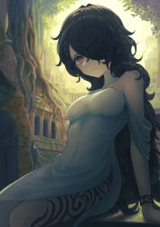  absurdres black_hair breasts covered_navel dress female hair_over_one_eye highres impossible_clothes impossible_dress jungle leg_tattoo long_bangs looking_at_viewer medium_breasts nature off-shoulder_dress off_shoulder orange_eyes original overgrown ruins sitting tattoo thighs tree umigame_2000 wavy_hair white_dress 