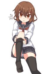  black_sailor_collar black_skirt black_thighhighs brown_eyes brown_hair female hair_ornament hairclip highres ikazuchi_(kancolle) kantai_collection long_sleeves miniskirt neckerchief panties pepatiku pleated_skirt red_neckerchief sailor_collar school_uniform serafuku short_hair sitting skirt solo thighhighs underwear white_panties 