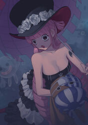  black_dress blunt_bangs breasts brown_eyes cleavage doll dress drill_hair female frilled_dress frills ghost gothic_lolita hat highres holding holding_doll holding_umbrella large_breasts lolita_fashion long_hair one_piece perona pink_hair shoulder_tattoo sleeveless sleeveless_dress solo strapless strapless_dress tattoo top_hat umbrella umigame_2000 very_long_hair 