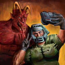  2024 5_fingers abs abstract_background absurd_res anterior_nasal_aperture armor baron_of_hell big_nose blue_eyes brown_eyebrows camera caucasian clothed clothing curved_horn digital_media_(artwork) digital_painting_(artwork) doom_(series) doom_slayer duo eyebrows fangs fingers gesture green_armor green_eyes half-length_portrait hand_gesture hi_res holding_camera holding_object horn horned_head human id_software looking_at_viewer male mammal microsoft muscular muscular_chest muscular_male open_mouth pixel_axel pointy_ears portrait selfie shadow sharp_teeth sleeveless_clothing teeth thin_tongue tongue tongue_out topless topless_male v_sign wearing_gloves wearing_helmet yellow_teeth 