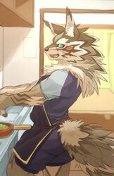  anthro ass biri black_sclera bottomwear canid canine canis clothing cooking countershading digital_media_(artwork) digital_painting_(artwork) fur green_eyes hi_res jackal kitchen lifewonders looking_at_viewer male mammal multicolored_body multicolored_fur seth_(tas) shorts slim solo tokyo_afterschool_summoners 