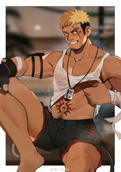  1boy abs bad_id bad_weibo_id bara bare_shoulders barefoot black_shorts blonde_hair blush brown_hair bulge clothes_lift commission covered_nipples dark-skinned_male dark_skin ear_piercing facial_hair feet_out_of_frame goatee gyee highres large_pectorals lifting_own_clothes looking_at_viewer male_focus mature_male multicolored_hair muscular muscular_male navel navel_hair nipple_stimulation nipple_tweak nipples pectoral_cleavage pectorals piercing romg scar scar_across_eye scar_on_cheek scar_on_face see-through shirt shirt_lift short_hair shorts sideburns sidepec sitting solo spiked_hair stomach stomach_tattoo tank_top tattoo thick_eyebrows thick_thighs thighs tweaking_own_nipple two-tone_hair undercut wet wet_clothes wet_shirt white_tank_top yaowu 