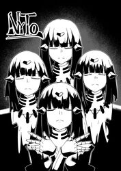  4girls album_cover album_cover_redraw bohemian_rhapsody character_name closed_eyes cover crossover derivative_work girls&#039;_frontline greyscale hair_ornament minami_shin_(zenshuu_bougyo) monochrome multiple_girls nyto_(generic)_(girls&#039;_frontline) nyto_(girls&#039;_frontline) paradeus parody queen_(band) short_hair 