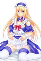  1other apron bad_id bad_pixiv_id blonde_hair blue_eyes chevalier_d&#039;eon_(fate) chevalier_d&#039;eon_(maid_knight)_(fate) dress embarrassed fate/grand_order fate_(series) flower garter_straps hair_flower hair_ornament hairband highres lifting_own_clothes long_hair looking_away maid maid_apron maid_headdress official_alternate_costume shetake simple_background sitting thighhighs very_long_hair weapon white_background white_legwear wrist_cuffs 