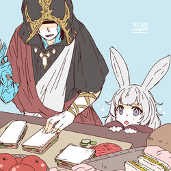  1boy aged_down animal_ears artist_name awestruck basket blue_background blush crystal crystal_exarch family female final_fantasy final_fantasy_xiv fingernails food g&#039;raha_tia grey_eyes grey_hair holding holding_knife hood hood_up knife lili_mdoki lolicon lyna_(ff14) material_growth miqo&#039;te open_mouth rabbit_ears red_hair sandwich shaded_face signature simple_background smile sparkle table teeth tomato tongue viera 