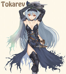  armor armpits arms_up beige_background belt belt_pouch blue_bow blue_dress blue_hair boots bow breasts character_name cleavage closed_mouth commentary_request contrapposto dagger dress elbow_gloves female filigree gauntlets girls&#039;_frontline gloves gun hairband hairbow handgun highres hip_focus knee_boots knife lace-trimmed_hairband lace_trim long_hair looking_at_viewer no_panties numazume pouch red_eyes sheath sideless_outfit simple_background solo thighhighs tokarev_(girls&#039;_frontline) tokarev_(griffin&#039;s_dancer)_(girls&#039;_frontline) torn_clothes torn_dress torn_veil trigger_discipline vambraces veil very_long_hair weapon 