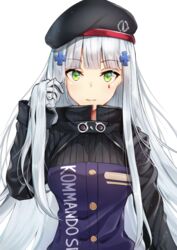  atora bad_id bad_pixiv_id beret black_hat blunt_bangs blush breasts closed_mouth clothes_writing facial_mark female girls&#039;_frontline gloves green_eyes grey_gloves hair_ornament hand_in_own_hair hand_up hat high_collar highres hk416_(girls&#039;_frontline) jacket long_hair long_sleeves looking_at_viewer medium_breasts purple_jacket sidelocks simple_background smile solo straight_hair very_long_hair white_background white_hair x_hair_ornament 