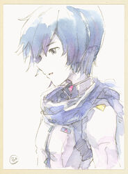  1boy blue_eyes blue_hair blue_scarf coat colored_skin commentary epoxy_putty from_side kaito_(vocaloid) male_focus painting_(medium) parted_lips scarf short_hair smile traditional_media upper_body vocaloid watercolor_(medium) white_background white_coat white_skin 