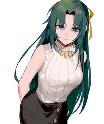  arms_behind_back black_skirt closed_mouth commentary female green_eyes green_hair hair_over_eyes hair_ribbon highres higurashi_no_naku_koro_ni jewelry long_hair looking_at_viewer nima_(nimamann) parted_bangs ribbon simple_background skirt sleeveless sleeveless_turtleneck smile solo sonozaki_shion sweater turtleneck turtleneck_sweater white_background yellow_ribbon 