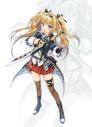  armor black_legwear blonde_hair blue_eyes blush boots chrono_brigade empew female hair_ribbon jacket open_mouth original ribbon skirt solo sword twintails weapon 