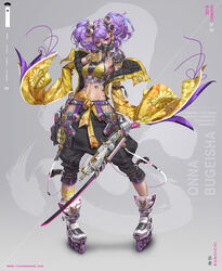  baggy_pants big_hair breasts cable character_name chinese_clothes commentary covered_mouth cyberpunk cyborg dudou english_commentary female full_body gas_mask gunblade hair_ornament hair_ribbon hand_on_own_hip headgear highres hip_vent holding holding_weapon inline_skates jacket joints making-of_available mask mechanical_hands medium_breasts navel ninja open_clothes open_jacket original pants pigeon-toed purple_eyes purple_hair ribbon robot_joints roller_skates single_sock skates socks solo two_side_up weapon wide_sleeves yu_cheng_hong 