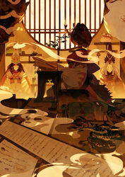  2boys absurdres black_hair book book_stack breasts censer choker closed_eyes enma_(onmyoji) facing_away facing_viewer female glowing grey_hair hat highres horns incense indoors japanese_clothes kimono kurodouji long_sleeves multiple_boys nihongami official_art onmyoji onmyoji:_the_card_game open_book pillow plant pouch rindo_karasuba round_window scroll seiza shelf shirodouji sidelocks sitting smile smoke table tatami tate_eboshi traditional_youkai vase wide_sleeves window yellow_theme 