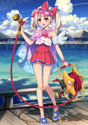  ass_visible_through_thighs blonde_hair blue_footwear blush casual_one-piece_swimsuit cloud covered_navel dress_swimsuit fate/grand_order fate_(series) female hair_between_eyes hiroyama_hiroshi hose hose_nozzle hose_reel hut illyasviel_von_einzbern illyasviel_von_einzbern_(swimsuit_archer) illyasviel_von_einzbern_(swimsuit_archer)_(second_ascension) inflatable_armbands long_hair magical_ruby official_art one-piece_swimsuit open_mouth outdoors photoshop_(medium) pier red_eyes shadow sky slippers smile standing star_(symbol) star_print stilt_house swimsuit thatched_roof tropical twintails two_side_up visor_cap water wooden_bridge wristband 